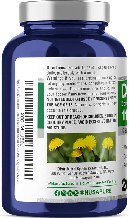 Cápsulas de Raíz de Diente de León, 112,5 mg, 200 Cápsulas Veganas - NusaPure – Image 3
