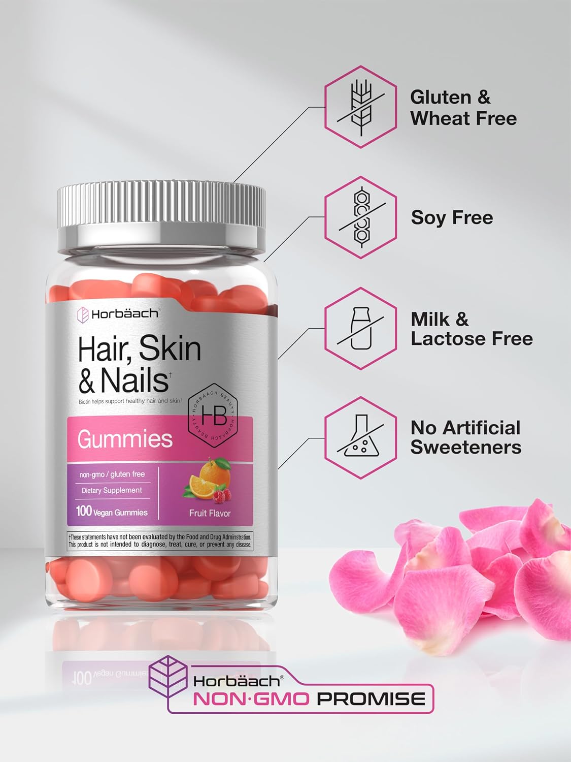 Gominolas de Biotina para Cabello, Piel y Uñas - 100 Unidades - Sabor Fruta - Sin Gluten - No GMO
