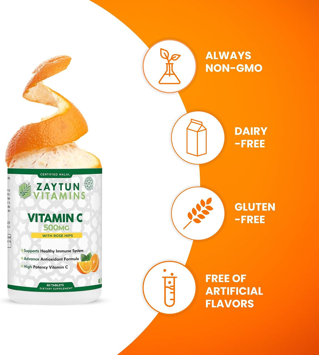 Zaytun Vitamins Vitamina C Halal 500mg Comprimidos con Escaramujo y Bioflavonoides Cítricos - 3 Paquetes de 60 Comprimidos