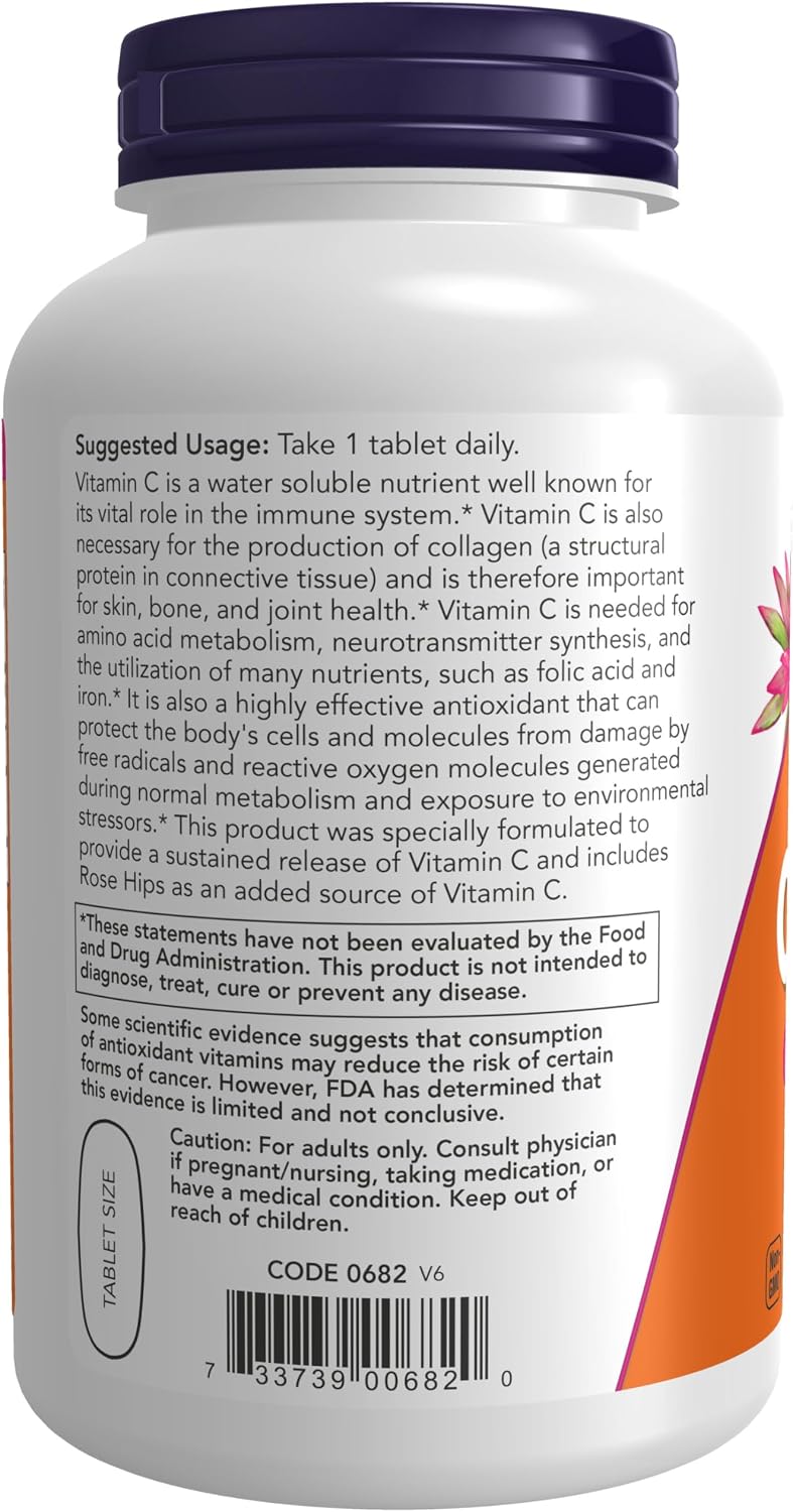NOW Foods, C-1000 Vitamina C-1000 Liberación Sostenida con Escaramujo, 250 Comprimidos