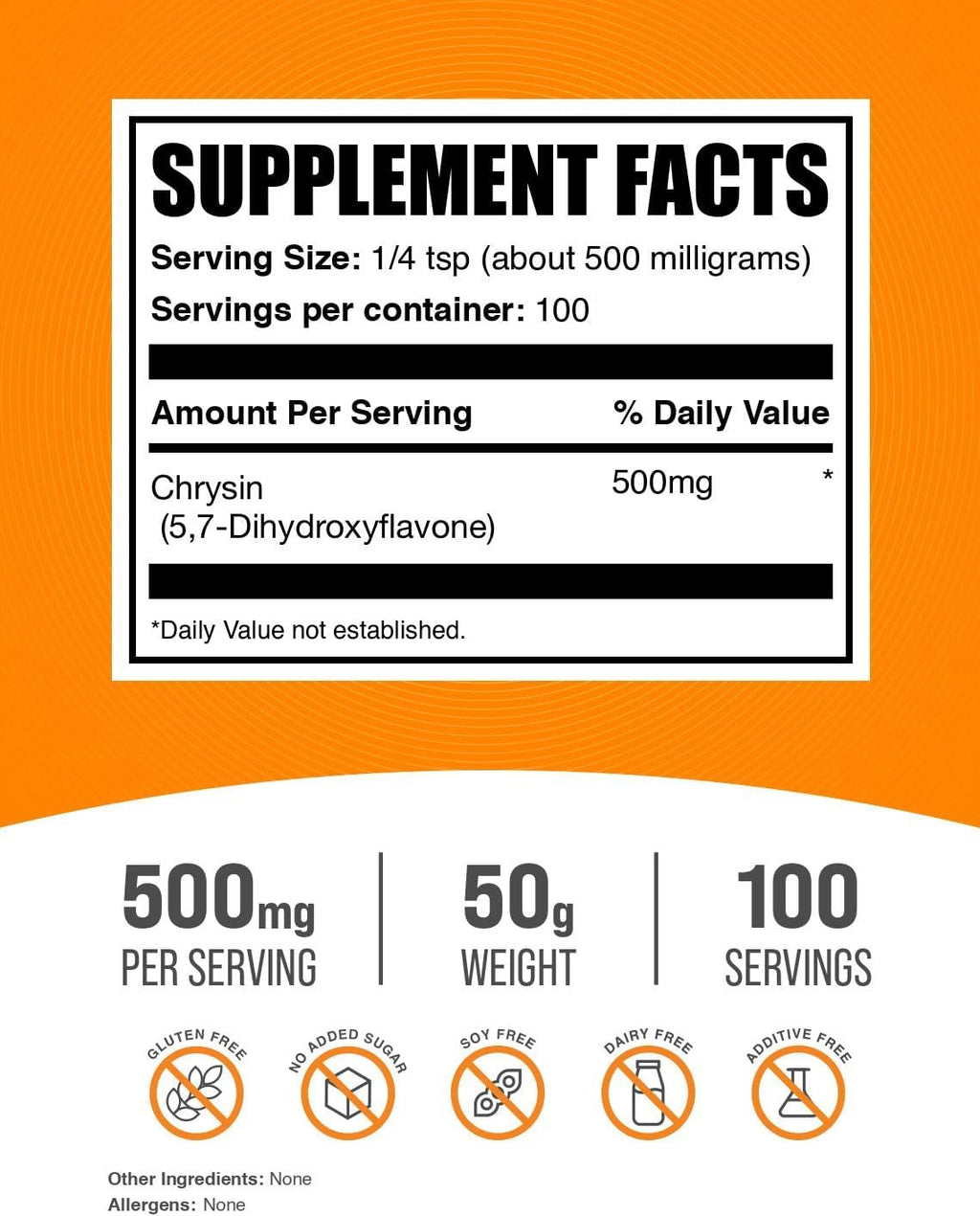 Crisina en Polvo - 5,7-Dihidroxiflavona, 500mg por Dosis, 50g