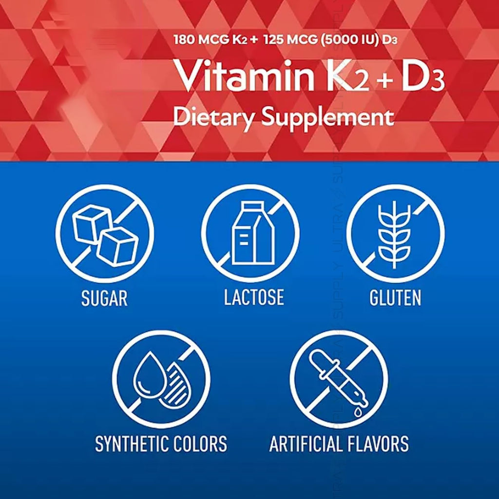 Vitamina K2 + D3 Cápsulas Blandas, 180 mcg y 125 mcg (5000 UI) | Apoyo para Huesos, Corazón e Inmunidad, con MenaQ7 MK-7