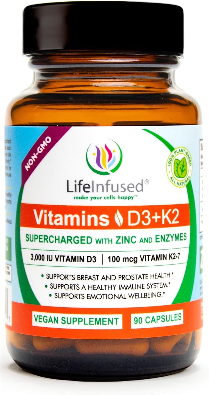 Life Infused Vitamina D3 + K2 con Zinc y Enzimas | 3000 UI D3, MK-7 K2 | 90 Cápsulas