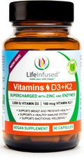 Life Infused Vitamina D3 + K2 con Zinc y Enzimas | 3000 UI D3, MK-7 K2 | 90 Cápsulas