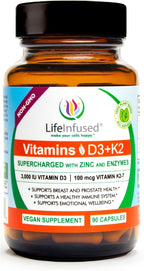 Life Infused Vitamina D3 + K2 con Zinc y Enzimas | 3000 UI D3, MK-7 K2 | 90 Cápsulas