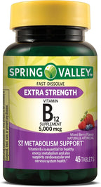 Spring Valley Vitamina B12 5000mcg - Comprimidos Sublinguales de Disolución Rápida - Metilcobalamina - 45 Comprimidos Sabor Bayas