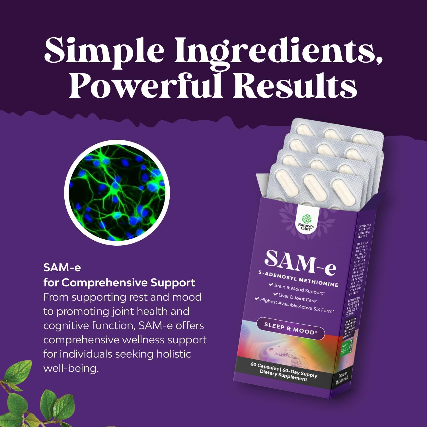 Natures Craft SAM-e 200mg - Suplemento de S-Adenosilmetionina, 60 Cápsulas Veganas