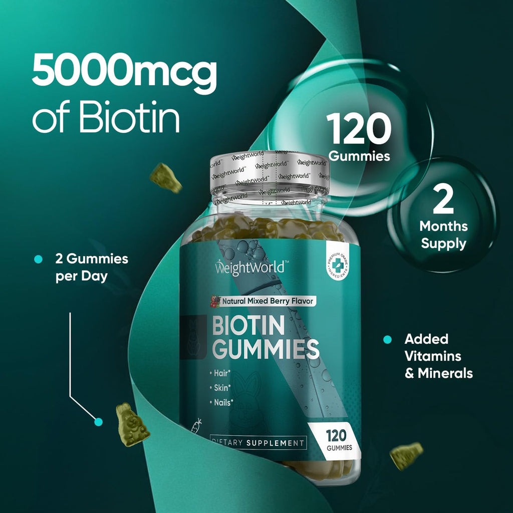 WeightWorld Biotina 5000mcg Gominolas con Vitaminas A, C, D3, E, B6, B9 y B12 + Minerales Clave | Cabello, Piel y Uñas | 120 Gominolas, 2 Meses