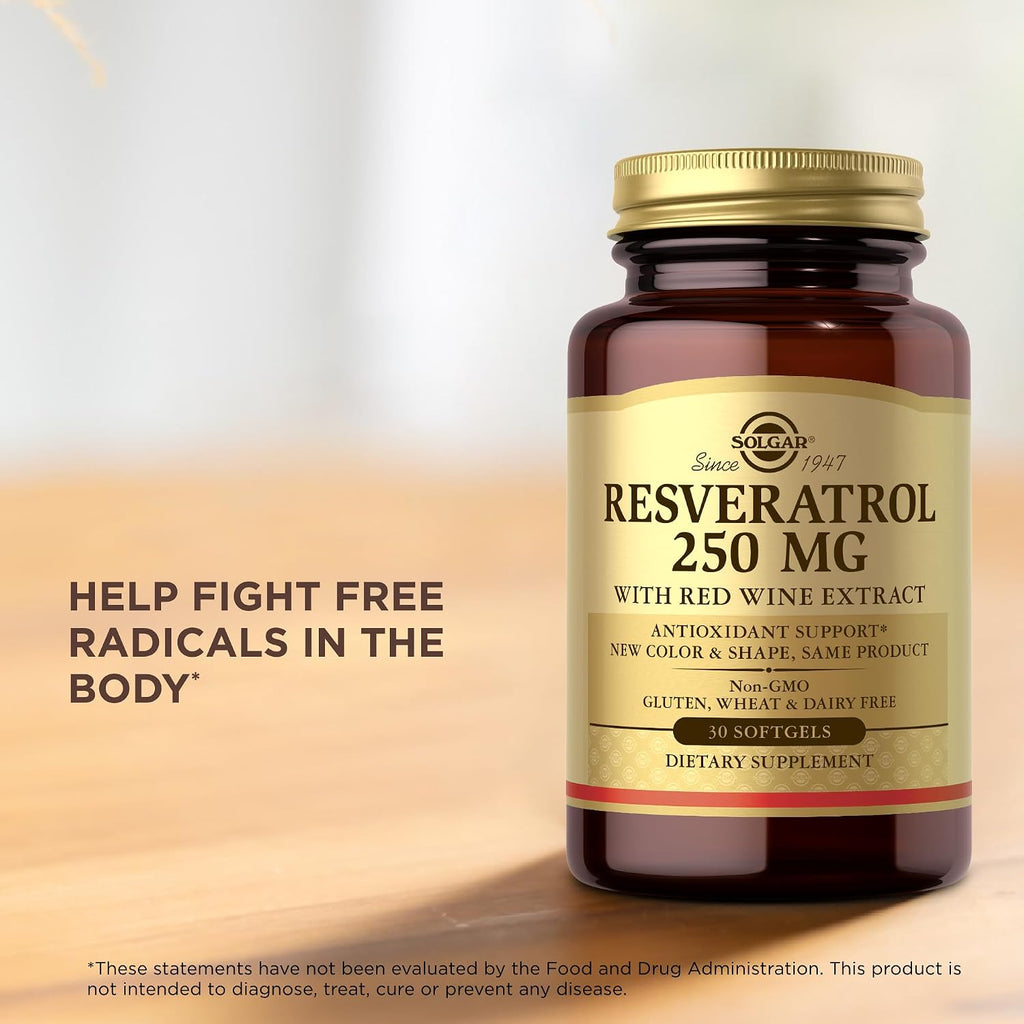 Solgar Resveratrol 250 mg con Extracto de Vino Tinto - 30 Cápsulas Blandas - Antioxidante