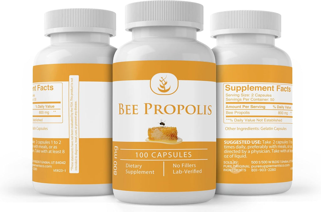 Pure Original Ingredients Bee Propolis, (100 Cápsulas) Siempre Puro, Sin Aditivos Ni Rellenos, Verificado en Laboratorio