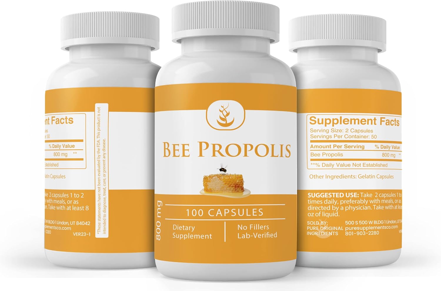 Pure Original Ingredients Bee Propolis, (100 Cápsulas) Siempre Puro, Sin Aditivos Ni Rellenos, Verificado en Laboratorio