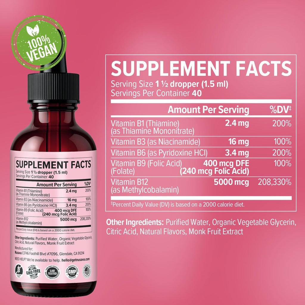 NUSAVA (4 Pack) Gotas de Vitamina B12 Líquida 5000mcg - Complejo B con B6 y B1 - Metilcobalamina - Vegano, Sin OGM, Sabor Fresa (2 oz, 160 dosis)