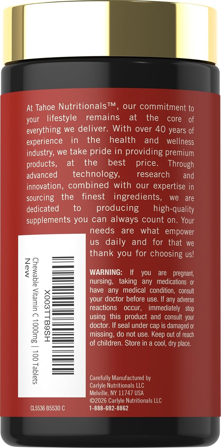 Carlyle Vitamina C Masticable 1000 mg - 100 Comprimidos - Sabor Naranja Natural - Vegetariano, No Transgénico y Sin Gluten
