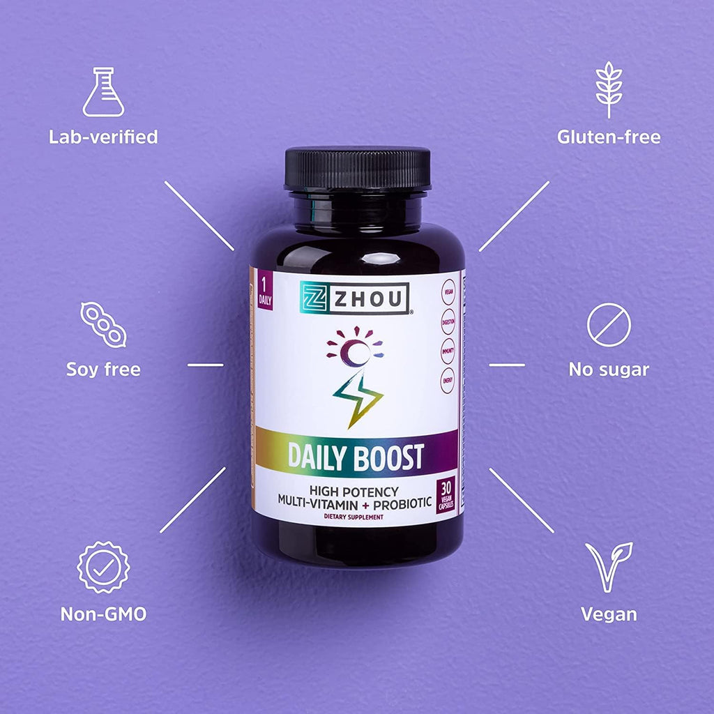 Zhou Nutrition Daily Boost Multivitamínico con Probiótico, Zinc, Vitamina C, D3 y Complejo B | 60 Cápsulas Veganas