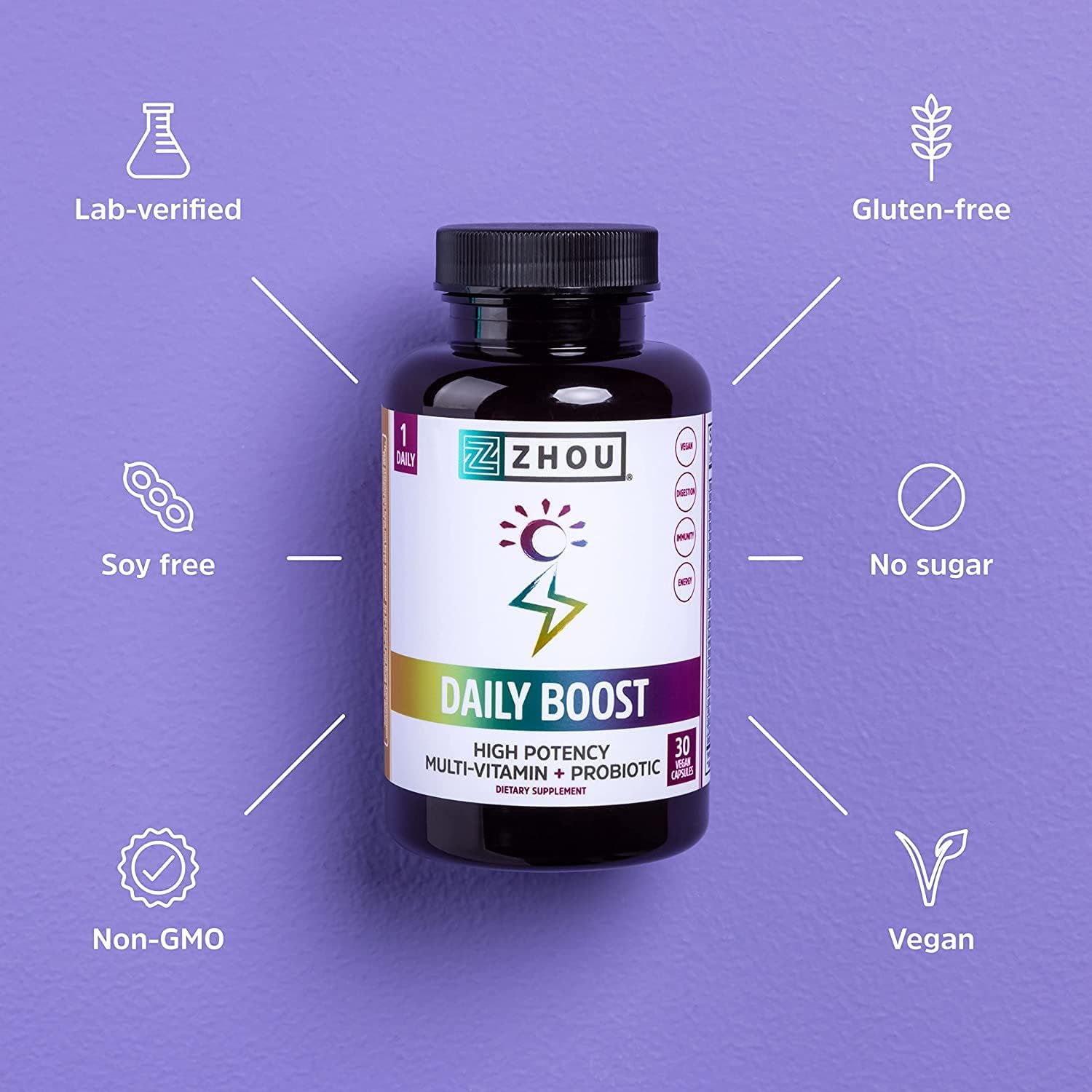 Zhou Nutrition Daily Boost Multivitamínico con Probiótico, Zinc, Vitamina C, D3 y Complejo B | 60 Cápsulas Veganas