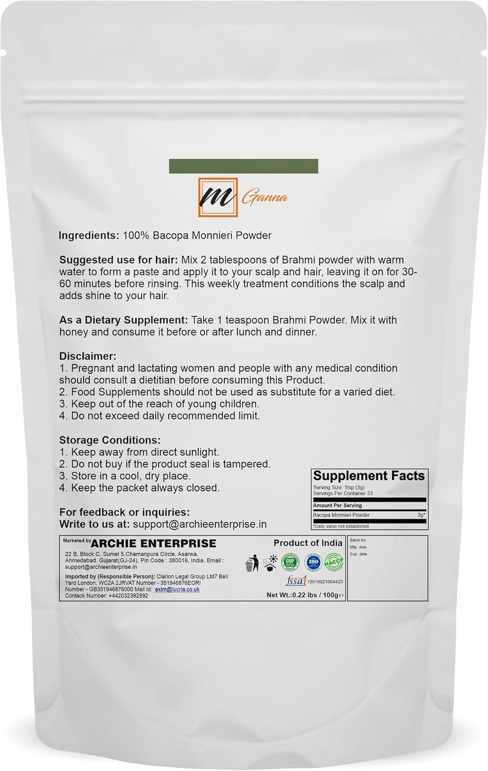 mGanna Brahmi en Polvo 100% Puro y Natural 100 g - Bacopa Monnieri