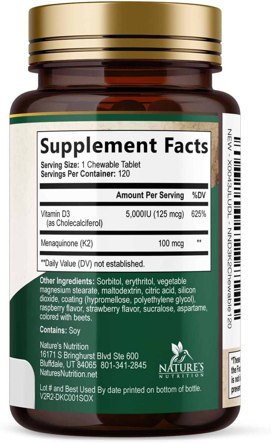 Nature's Nutrition Vitamina D3 K2 5000 UI + 100 mcg K2 MK-7, 120 Comprimidos Masticables Sabor Baya