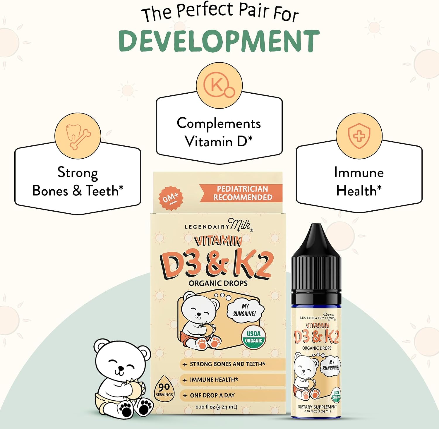 Legendairy Milk Gotas de Vitamina D3 K2 para Bebés, Orgánico, 400 UI, Vegano para Recién Nacidos, Niños Pequeños y Niños, Suplemento Infantil para Huesos y Dientes Fuertes, Sin Azúcar, 90 Servicios