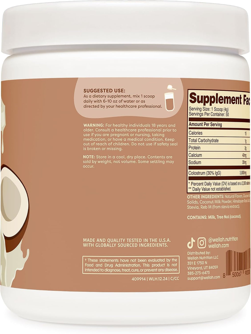 Wellah Colostrum Sabor Crema de Coco (50 Dosis) - Endulzado con Stevia, 3g de Colostro por Dosis, Complemento Alimenticio