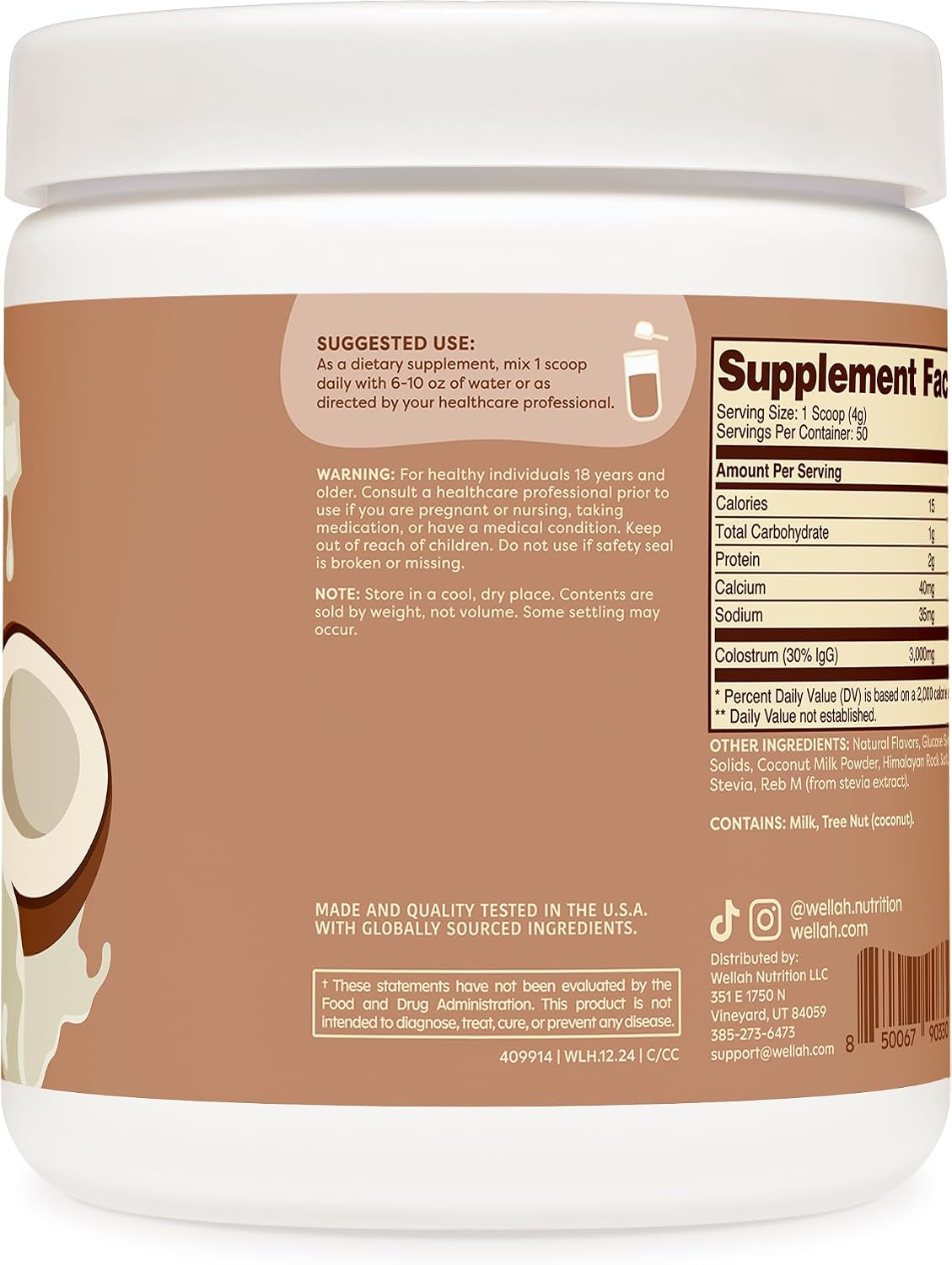 Wellah Colostrum Sabor Crema de Coco (50 Dosis) - Endulzado con Stevia, 3g de Colostro por Dosis, Complemento Alimenticio