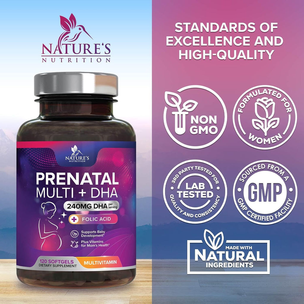 Vitaminas Prenatales con Ácido Fólico + Omega 3 DHA para el Desarrollo Fetal - 120 Cápsulas Blandas