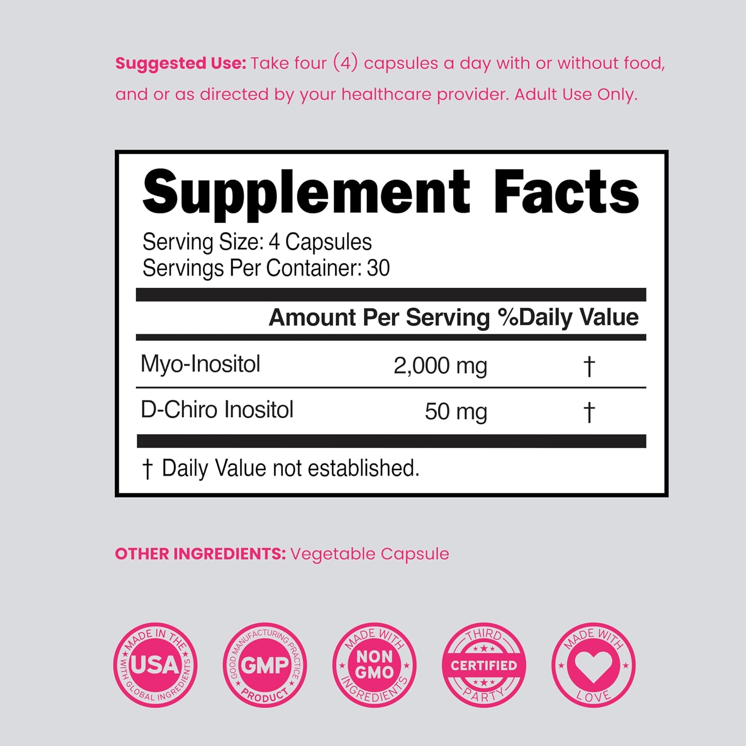 Myo-Inositol & D-Chiro Inositol 40:1 para Mujer - 120 Cápsulas, 2050 mg por Dosis