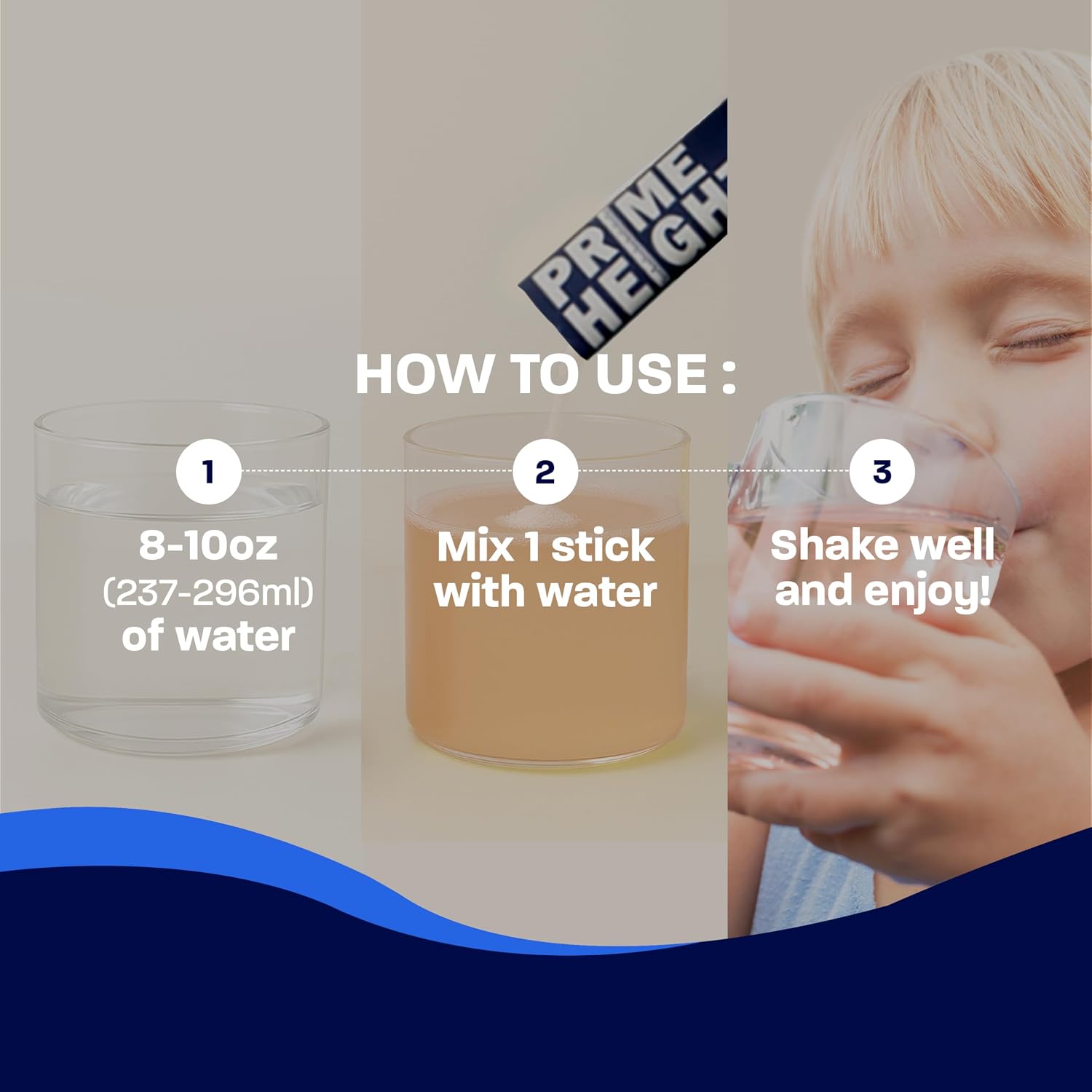 BONE SCIENCE Primeheight Multivitamínico en Polvo para Niños y Adolescentes - Sin Azúcar, Sabor Melocotón, 30 Sticks