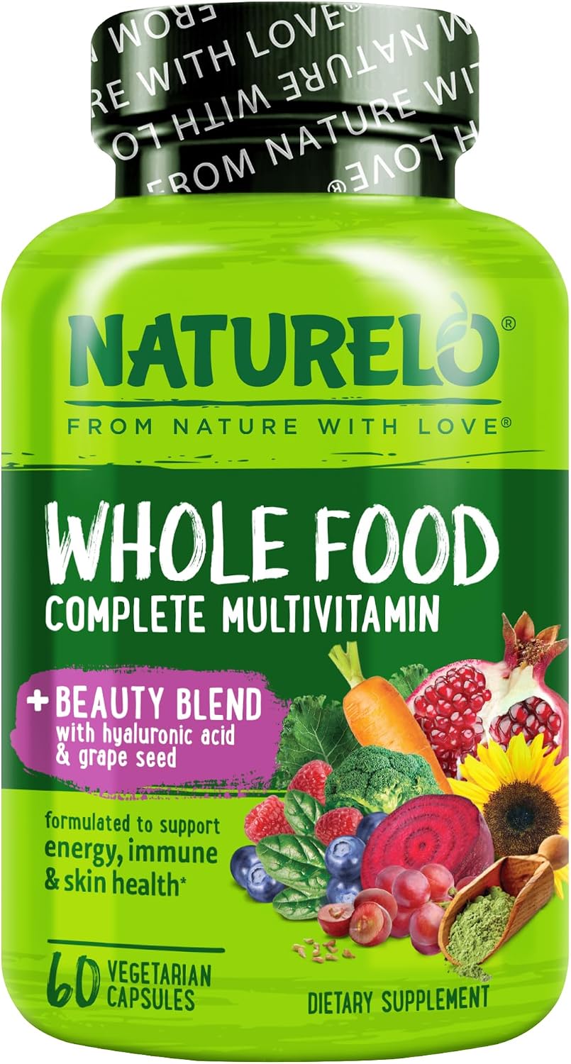 NATURELO Multivitamínico Integral con Apoyo Extra para Cabello, Piel y Uñas - Mezcla de Belleza con Ácido Hialurónico y Semilla de Uva - Biotina de Alta Potencia, Vitamina C y Glutatión - 60 Cápsulas Veganas
