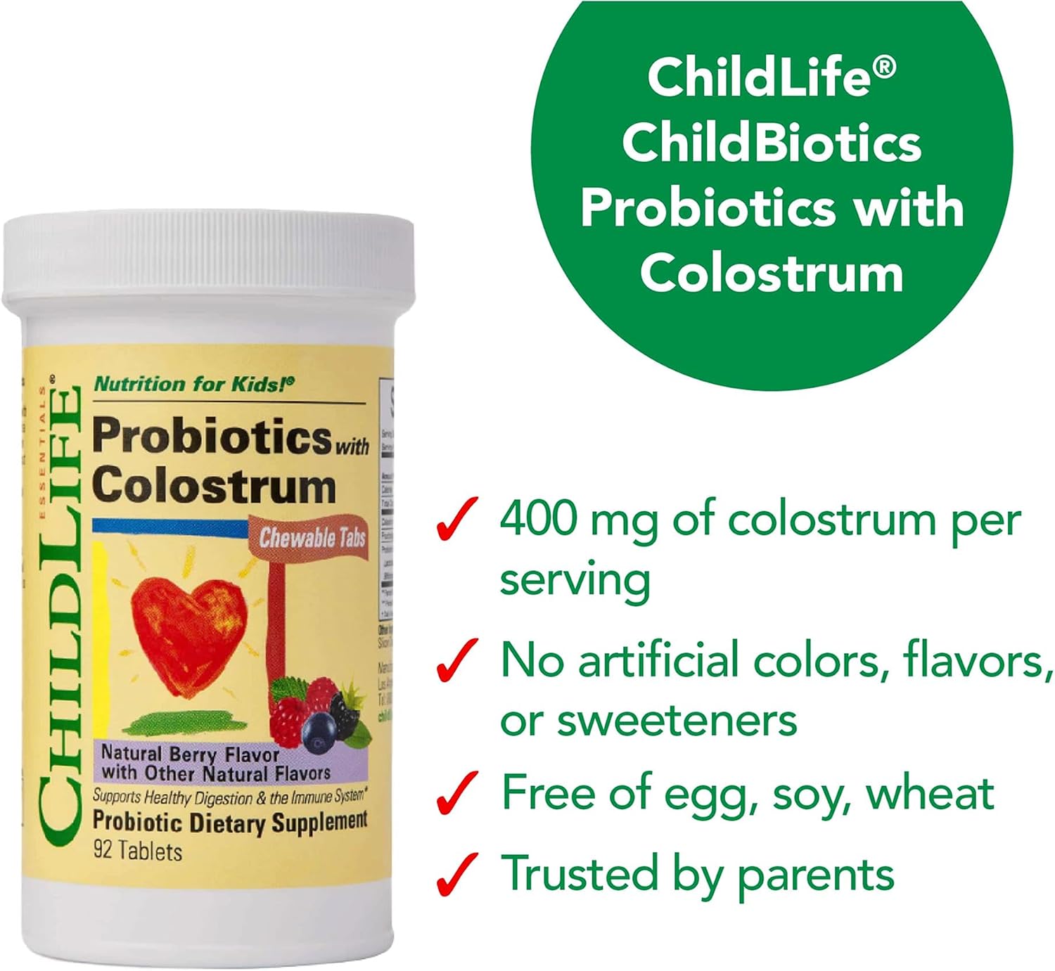 CHILDLIFE ESSENTIALS ChildBiotics con calostro - Probióticos masticables para niños, sabor natural a bayas, 92 comprimidos (Paquete de 2)