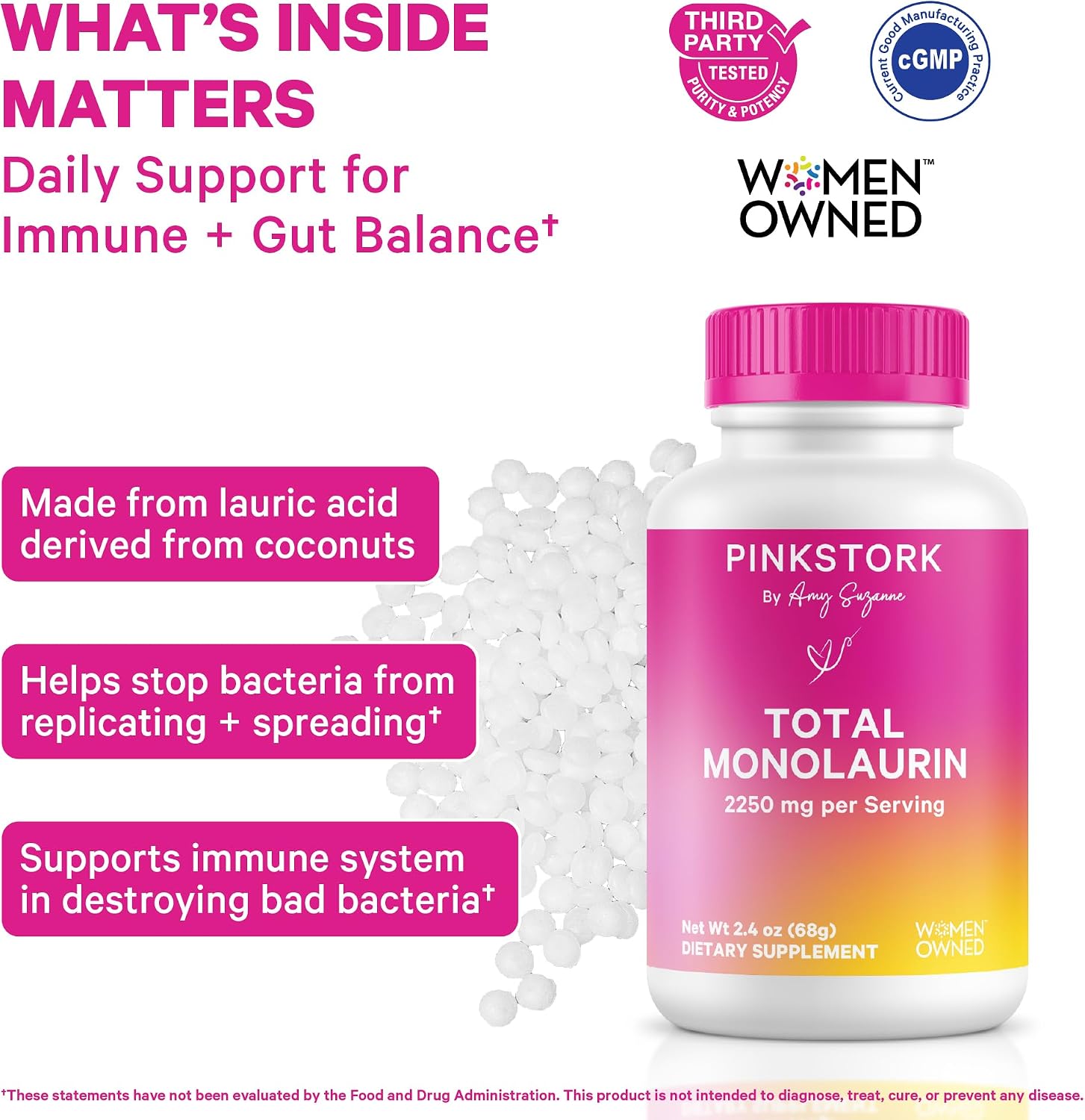 Pink Stork Monolaurin Pellets – Ácido Láurico Vegano para Apoyo Inmunológico y Digestivo – 226g