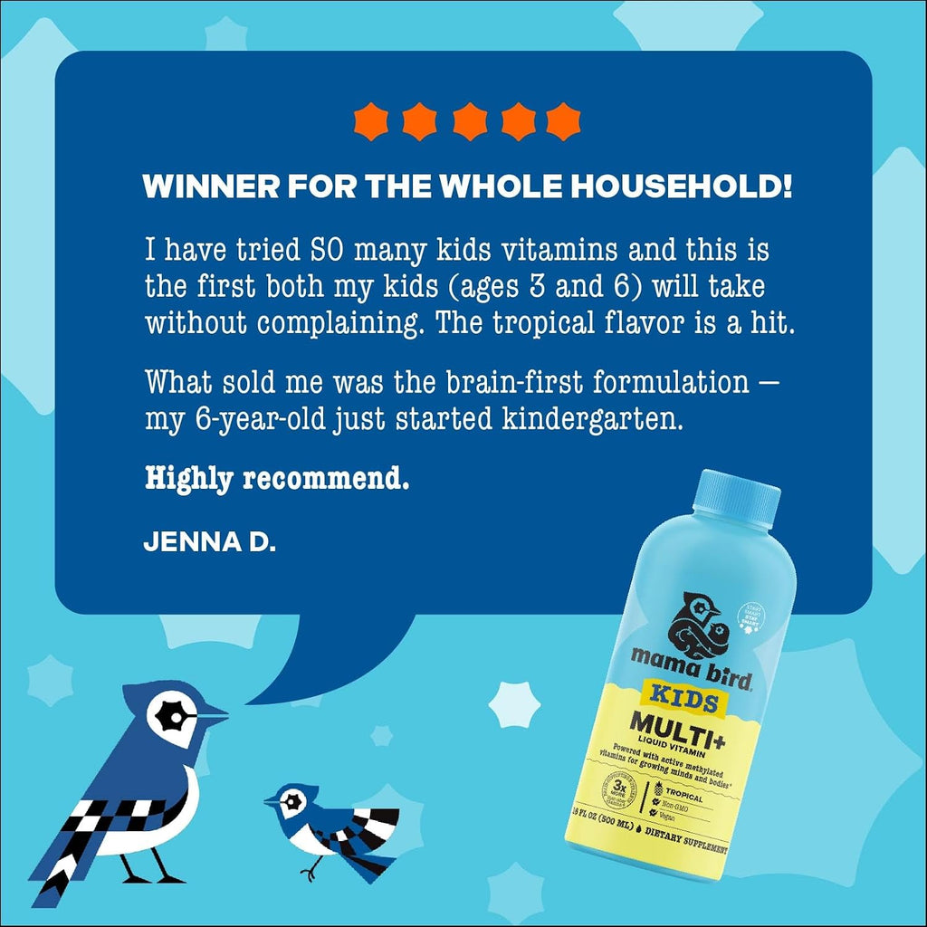 Mama Bird - Multivitamínico Líquido para Niños (31 Dosis) Sabor Tropical - Vitaminas Metiladas Activas, Superalimentos Orgánicos, Enzimas - Vegano, Sin Gluten, No GMO - 473 ml
