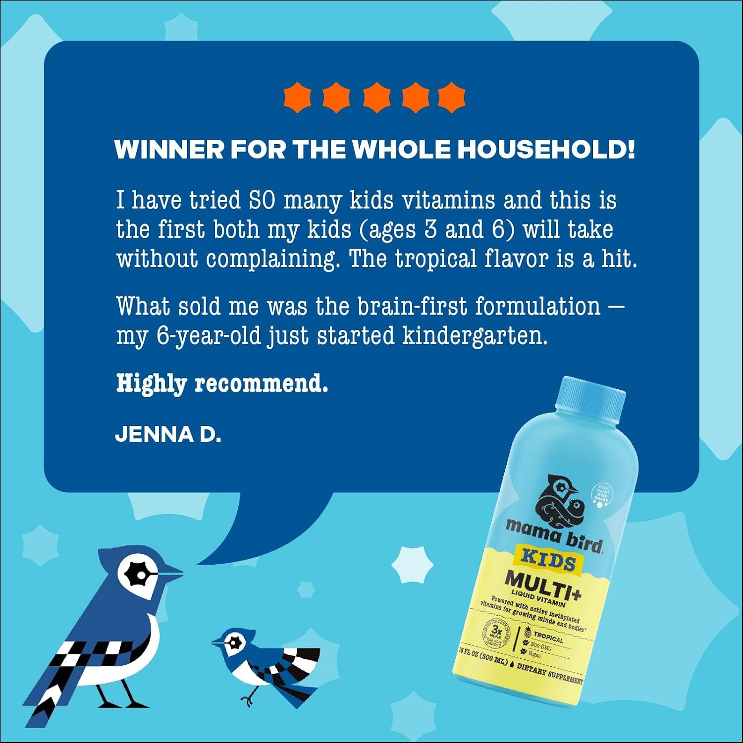 Mama Bird - Multivitamínico Líquido para Niños (31 Dosis) Sabor Tropical - Vitaminas Metiladas Activas, Superalimentos Orgánicos, Enzimas - Vegano, Sin Gluten, No GMO - 473 ml