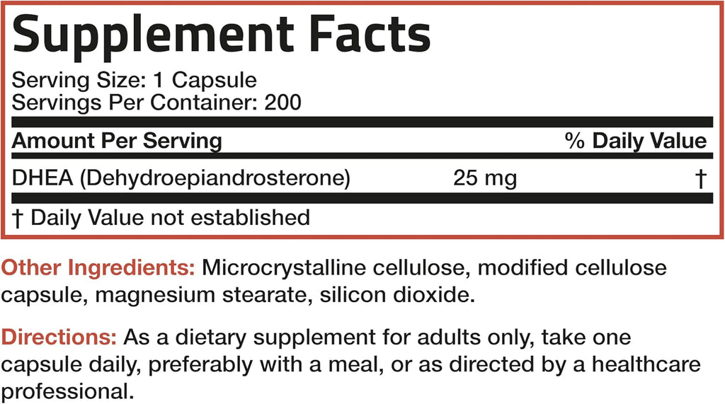 Bronson DHEA 25mg Fórmula Diaria, 200 Cápsulas Vegetarianas