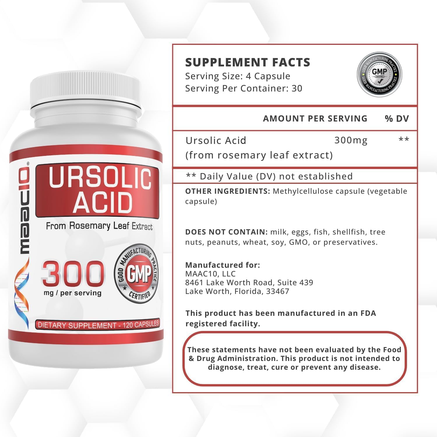 MAAC10 Ácido Ursólico 300 mg - Extracto de Romero - 120 Cápsulas