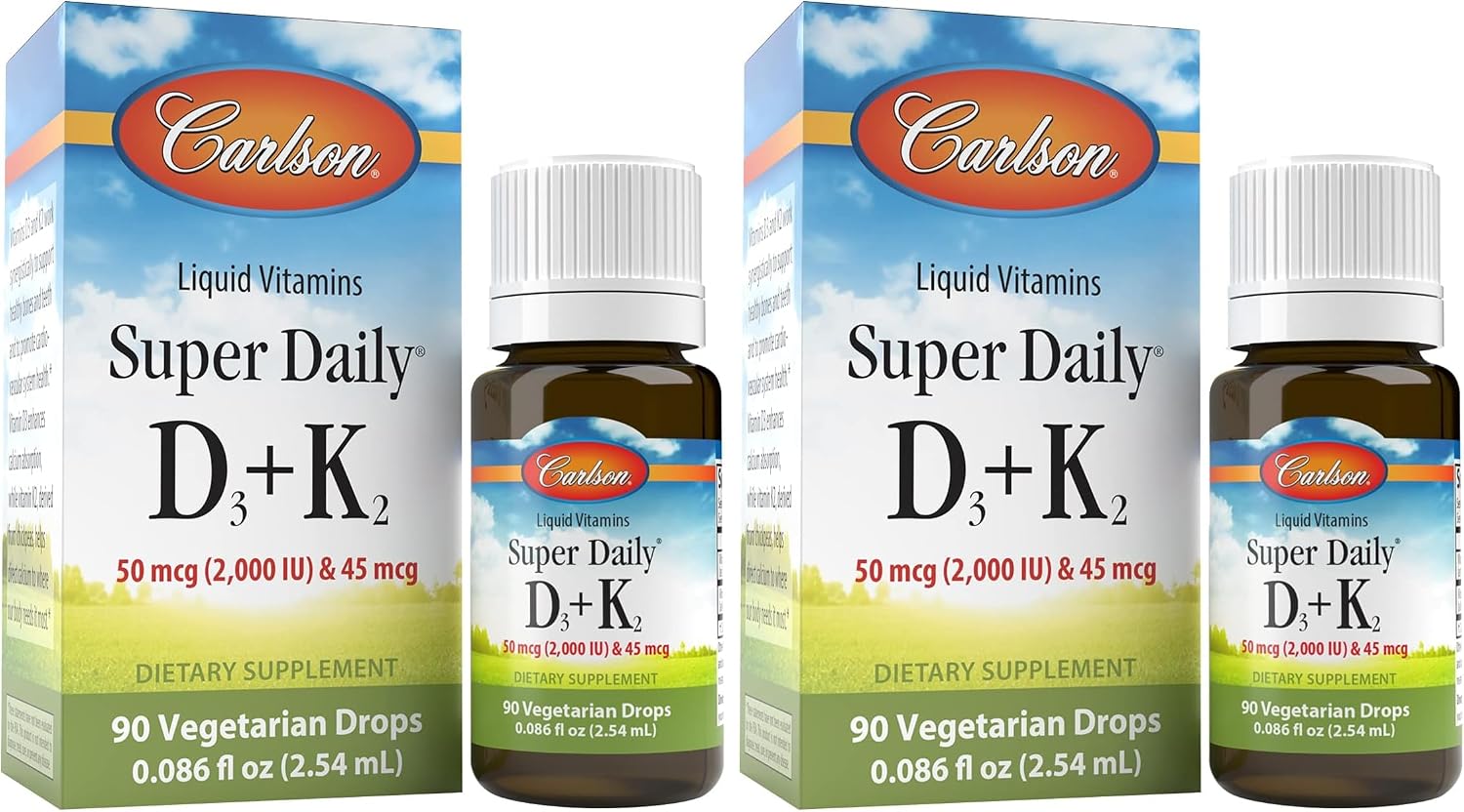 Carlson Super Daily D3 + K2, 90 gotas líquidas, 50 mcg D3 + 45 mcg MK-7