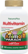 NaturesPlus Animal Parade Gold Multivitamínico Masticable para Niños - Sabor Cereza Natural - 120 Comprimidos (Envase de 2) - Con Vitamina D3, K2 y Probióticos