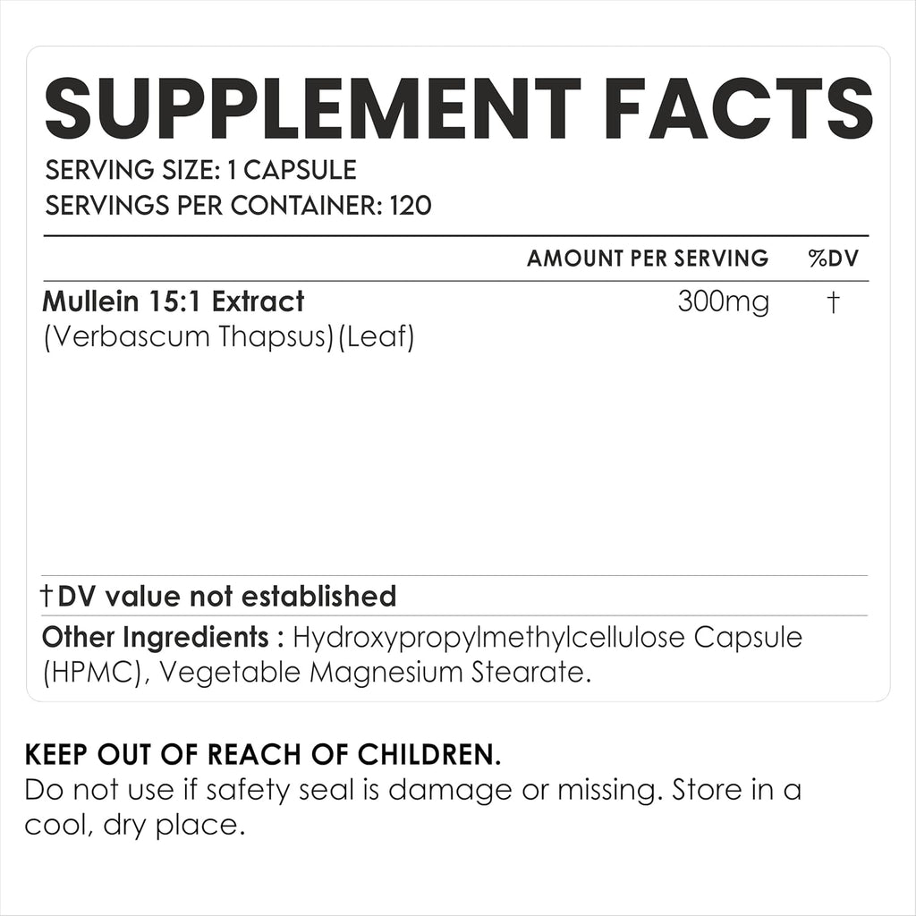 Cápsulas de Gordolobo (Mullein) 300 mg | Extracto de Hoja | Apoyo Respiratorio | 120 Cápsulas Veganas