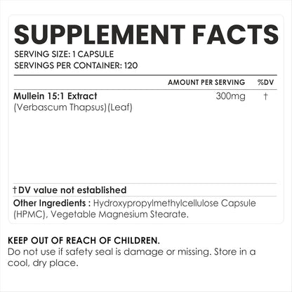 Cápsulas de Gordolobo (Mullein) 300 mg | Extracto de Hoja | Apoyo Respiratorio | 120 Cápsulas Veganas – Image 2