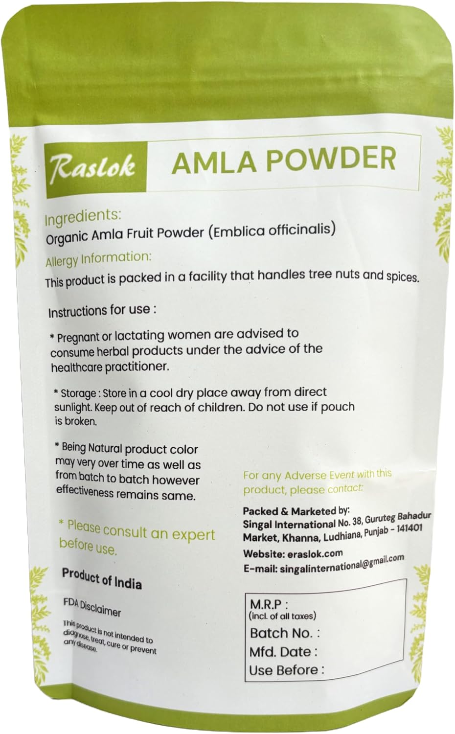 Raslok Amla Powder | Alto en Vitamina C, Antioxidantes, Potenciador de Energía (227 g)