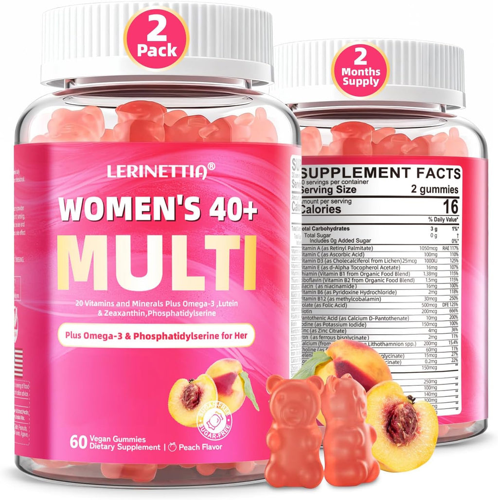 Multivitamínico en Gominolas para Mujeres 40+ con Omega-3, Niacinamida, Complejo B, Luteína, Hierro, Colina, Fosfatidilserina, Vitamina D3 - Vegano, Sin Azúcar, 120 Gominolas