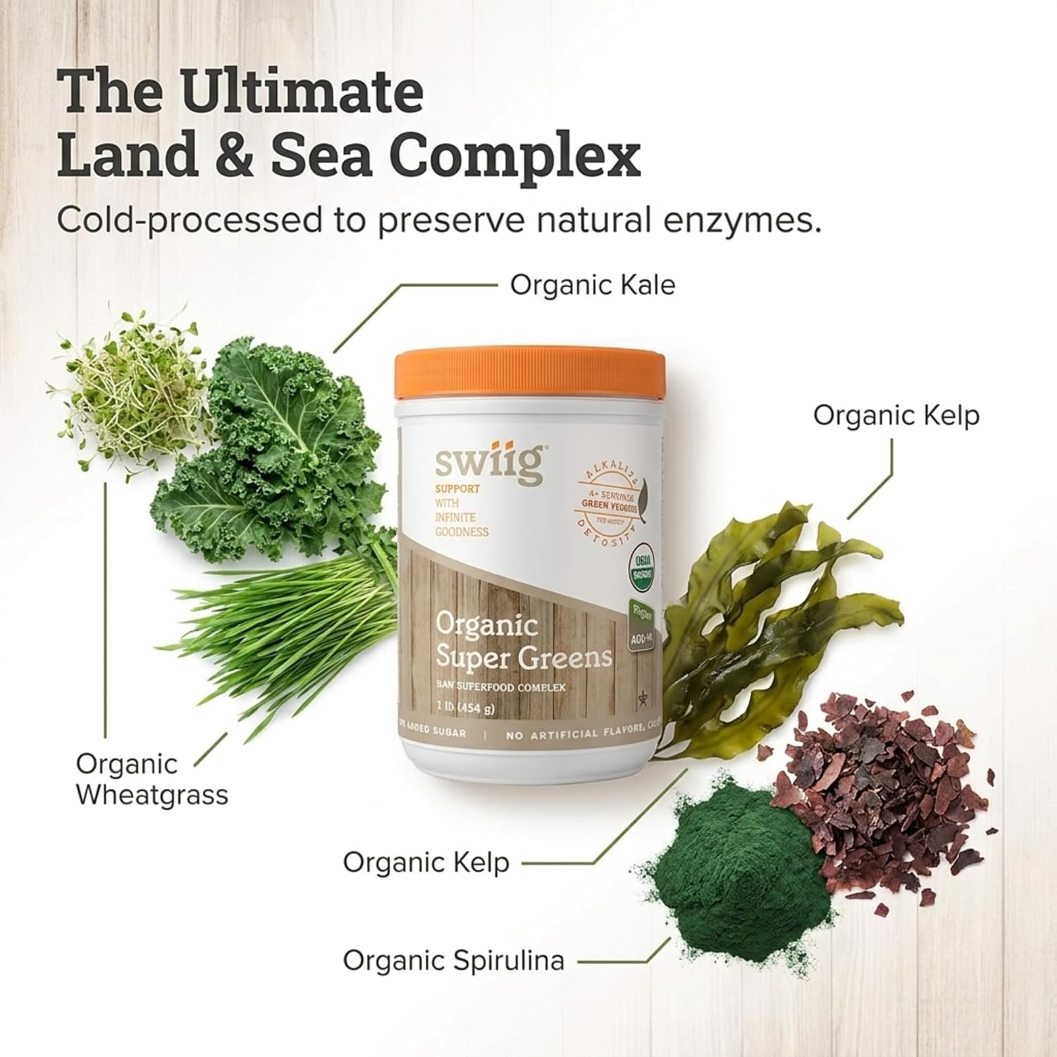 swiig Organic Super Greens Powder - Superalimento en Polvo Orgánico, Vegano, 90 Porciones (454 g)