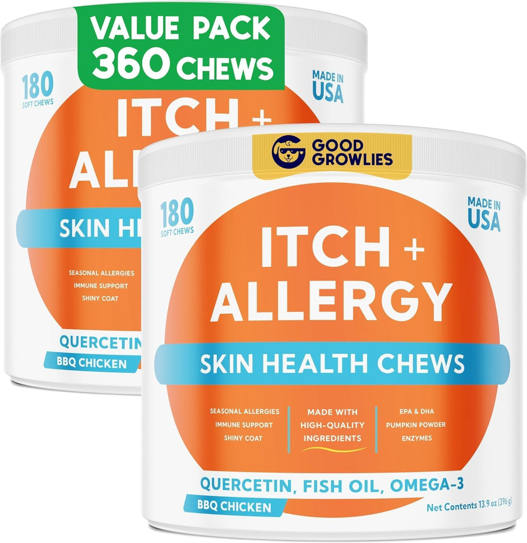 GOODGROWLIES Golosinas para Alivio de Alergias en Perros – Suplemento para Piel y Pelaje Anti-Picor con Omega 3 – 360 Ud. (Sabor Pollo BBQ)