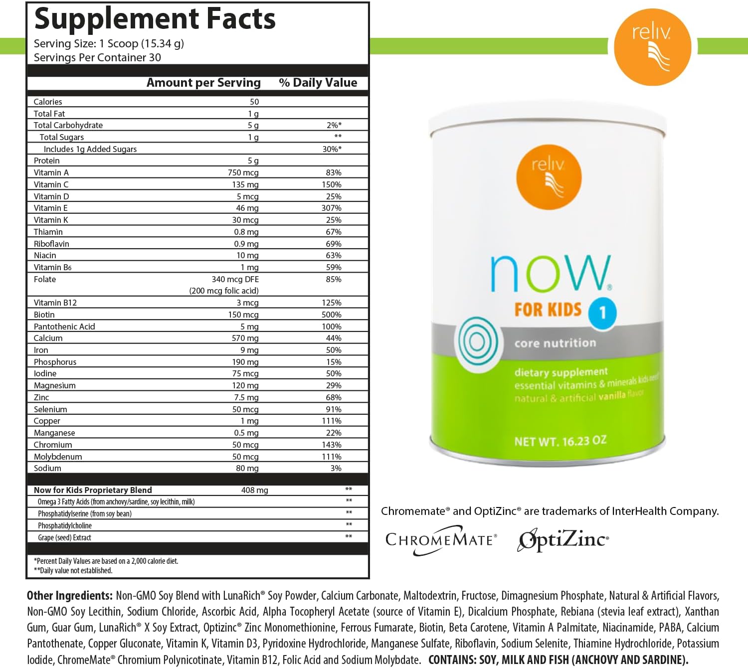 RELIV Now for Kids 1 Vainilla - Batido Nutricional Bajo en Azúcar con Vitaminas, Minerales y Proteína Vegetal para el Crecimiento y Desarrollo, 30 porciones