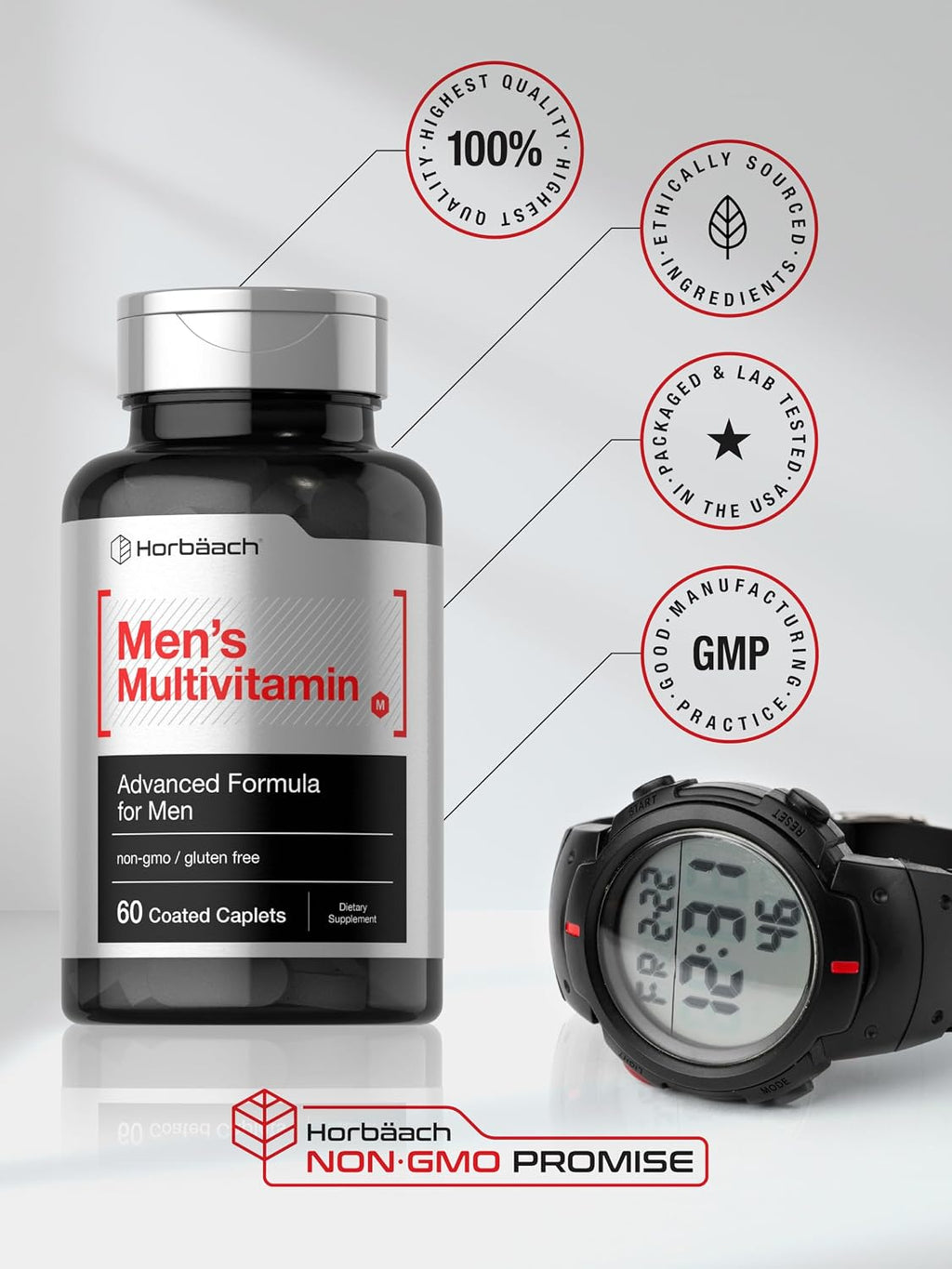 Horbäach Multivitamínico para Hombres | 60 Comprimidos | Fórmula Avanzada con Vitamina C, D, Magnesio, Minerales y Más | Suplemento Sin Gluten y No-GMO
