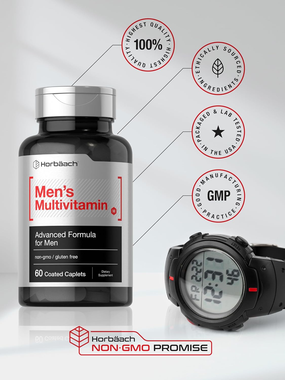 Horbäach Multivitamínico para Hombres | 60 Comprimidos | Fórmula Avanzada con Vitamina C, D, Magnesio, Minerales y Más | Suplemento Sin Gluten y No-GMO
