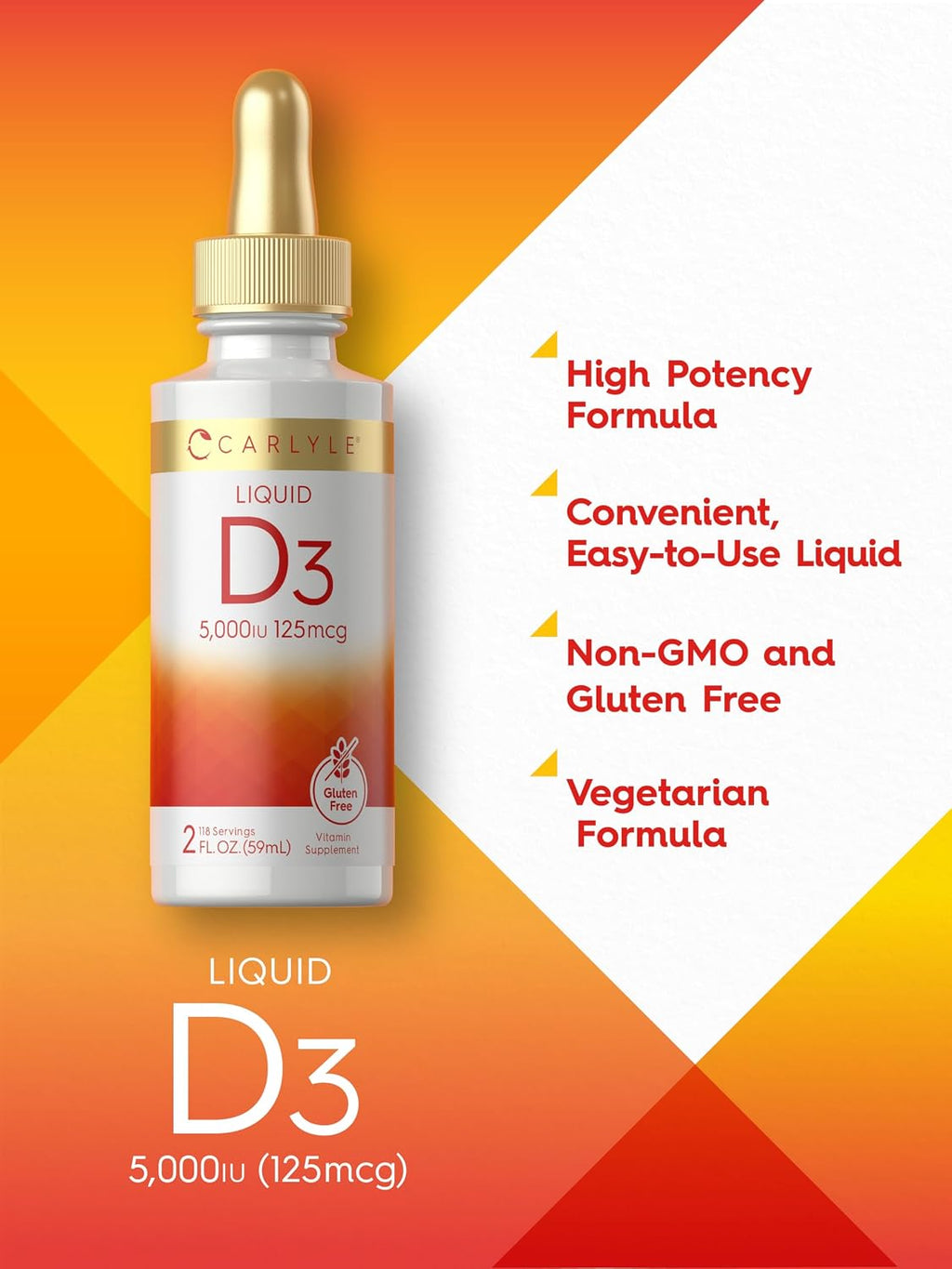 Carlyle Vitamina D3 Líquida en Gotas | 5000 IU (125 mcg) | 2 oz | Complemento Alimenticio para Adultos | Vegetariano, No GMO, Sin Gluten