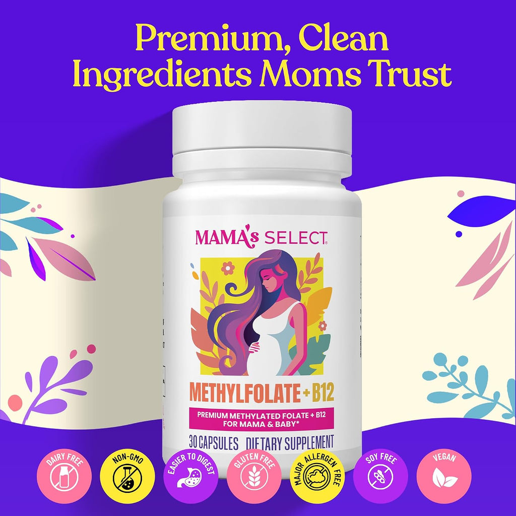Mama's Select Methylfolate + B12 para Embarazo y Lactancia – 5-MTHF Folato + Metilcobalamina – Favorece el Desarrollo Cerebral del Bebé – 30 Cápsulas