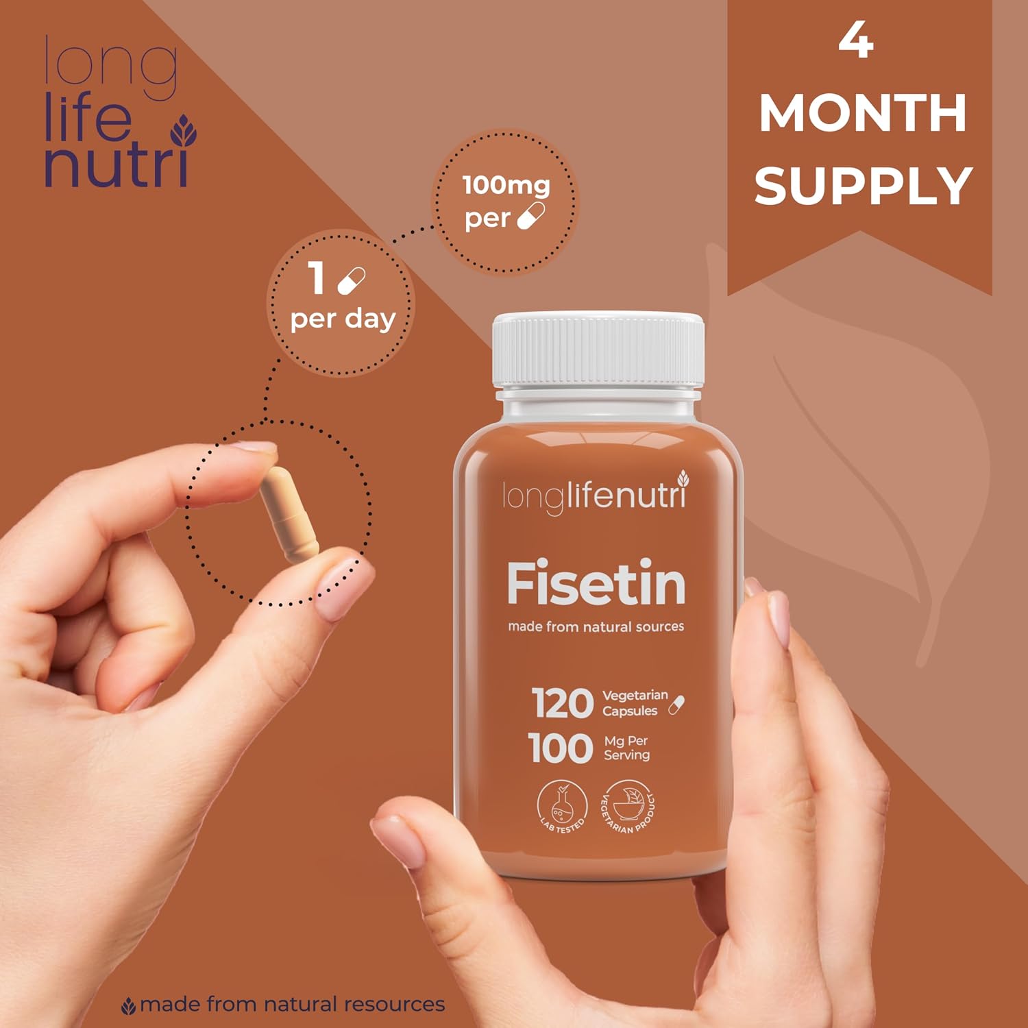 Fisetin 100mg – Suplemento Senolítico con Extracto de Rhus Succedanea, 120 Cápsulas Vegetarianas, 4 Meses de Suministro