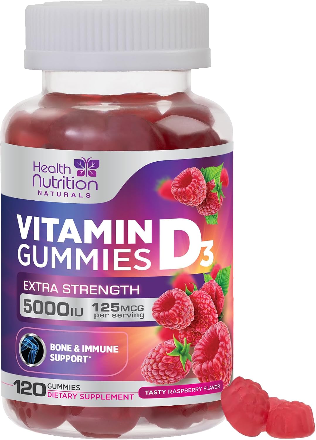 Health Nutrition Naturals Gomitas de Vitamina D3 5000 IU (125 mcg) - Sabor Frambuesa - 60 Gomitas
