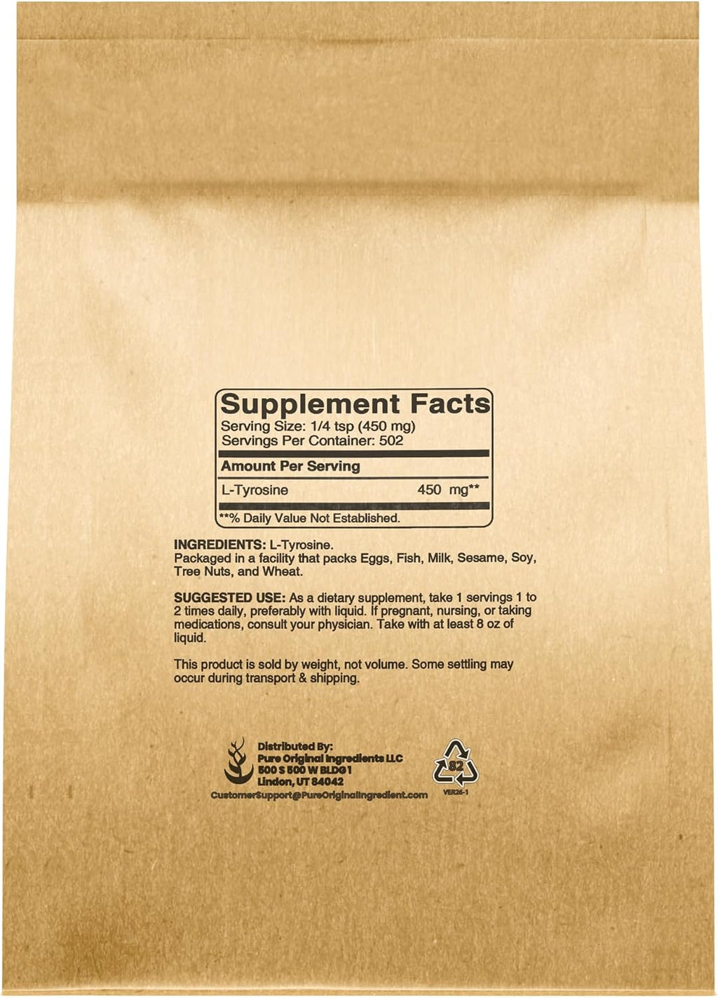 PURE ORIGINAL INGREDIENTS L-Tirosina en Polvo (227g) - Aminoácido No Esencial